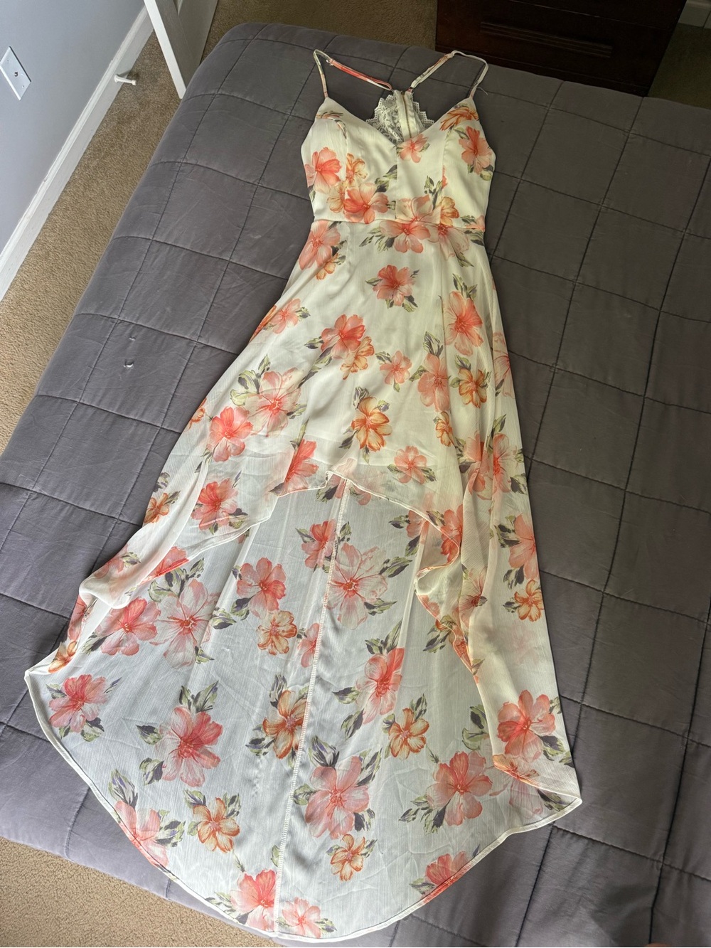 Off-White Floral High-Low Maxi Dress with Coral & Pink Flowers
